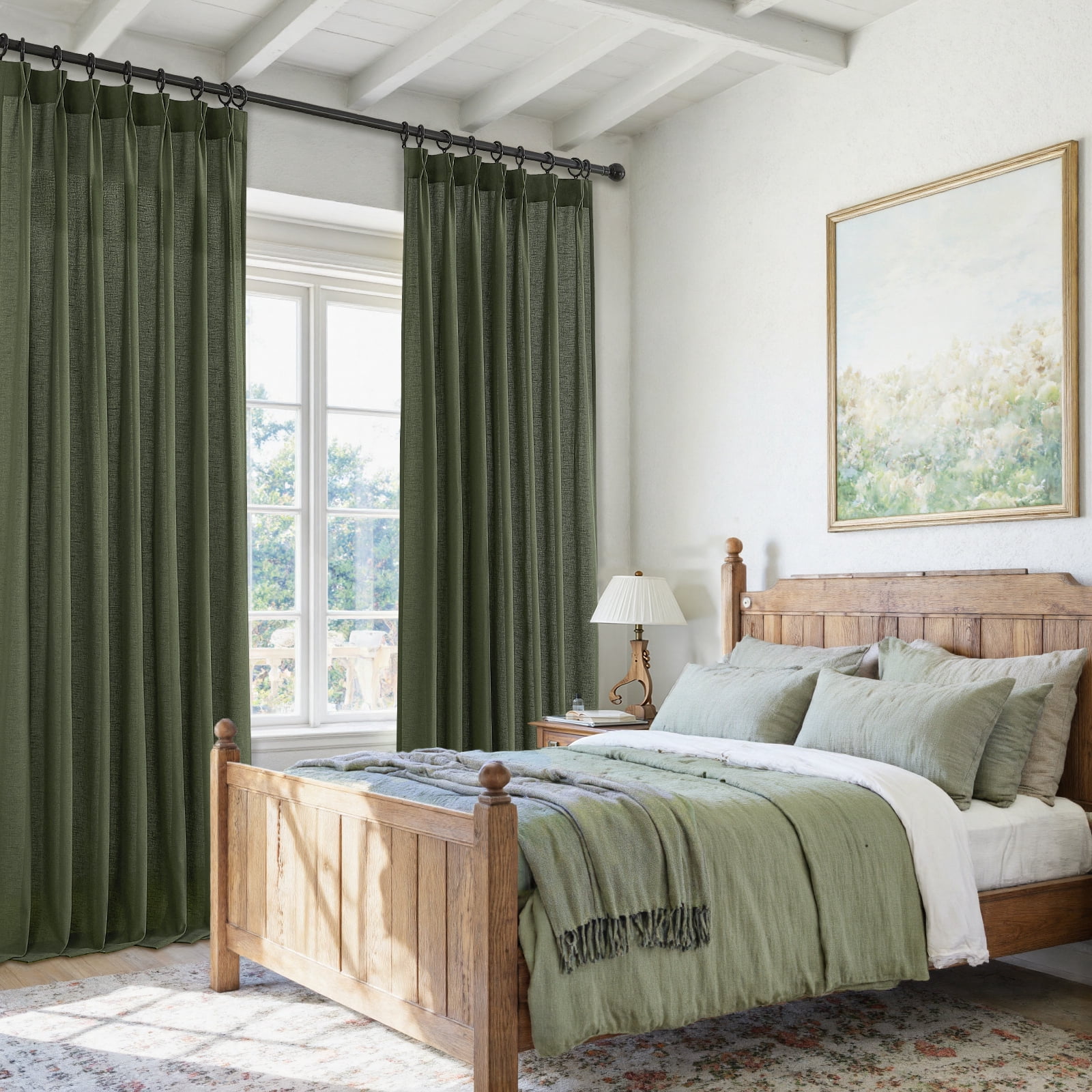 Jainmy Pinch Pleated Linen Curtains, Boho Light Filtering Living Room Bedroom Curtain,Window Treatments with Hook,Olive Green, 40x84 inch, 2 Panels