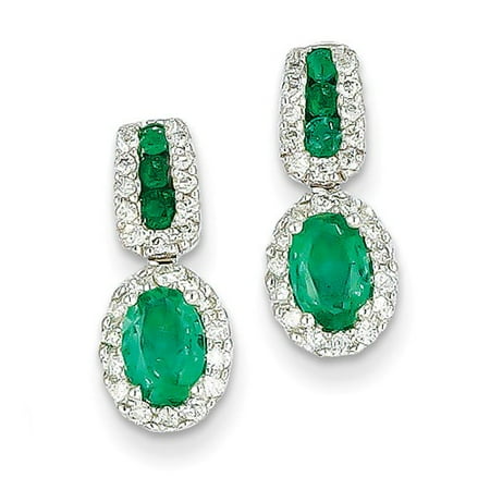 14k White Gold 0.6IN Long Diamond & Emerald Post Earrings