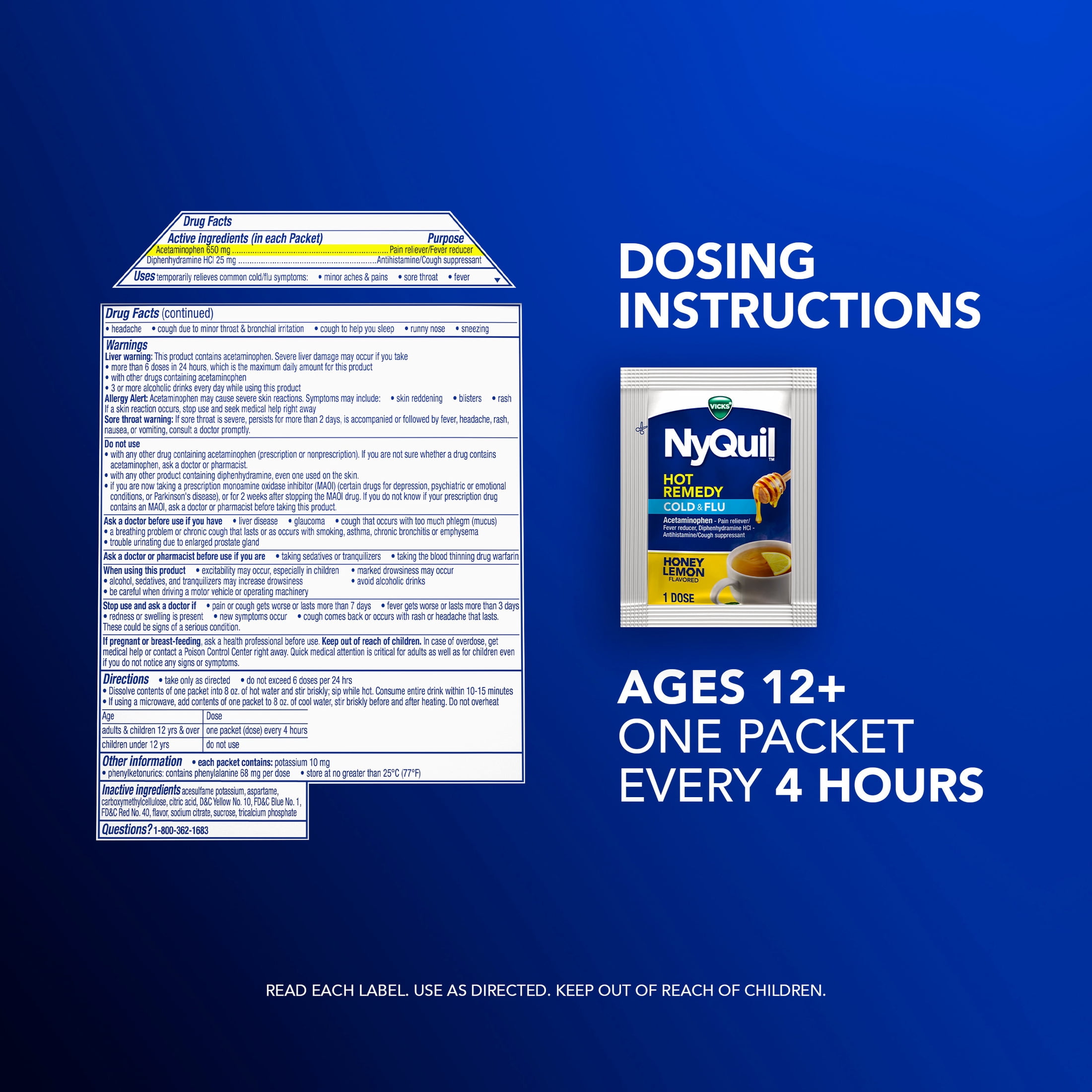 Vicks NyQuil Hot Remedy Cold & Flu Powder, Nighttime Cold Medicine for Adults, 8 Count