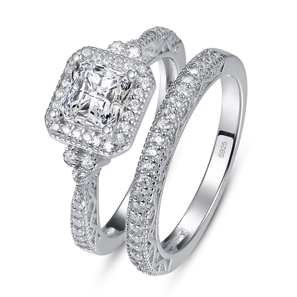 Engagement Wedding Ring Set For Women Princess Cz Blue 925 Sterling Silver 5-10 