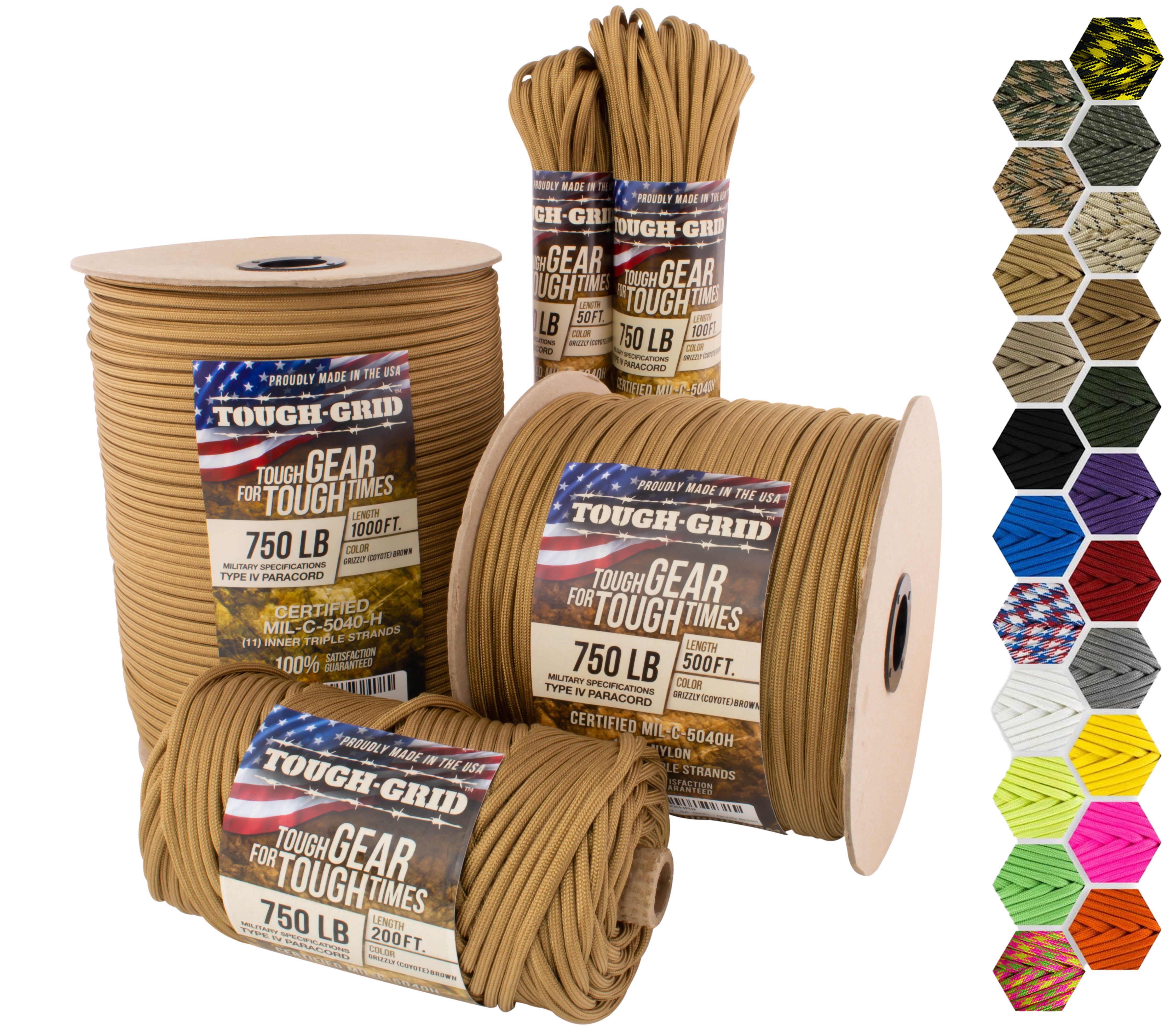 TOUGH-GRID 750lb Grizzly (Coyote) Brown Paracord / Parachute Cord - 100% Nylon Mil-Spec Type IV Paracord Used by The US Military, Great for Bracelets and Lanyards, 200Ft. - Grizzly (Coyote) Brown