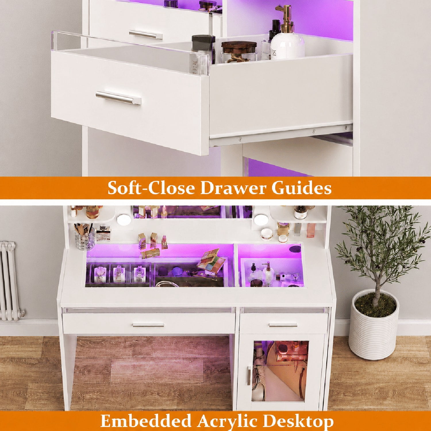 Vanity Desk with Lighted Mirror and UL-Certified Power Outlet, Makeup Table with App-Controlled RGB Light Strip, Storage Shelves, Cabinet and Drawers, MDF Wood, 35.4 in Wide
