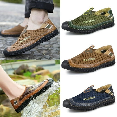 New Summer Mens Driving Slip on Loafers Leather Breathable Mesh Casual