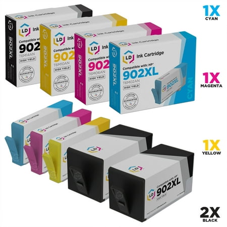 LD COMP Replacements for HP 902 / 902XL Set of 5 Ink Cartridges (2 Black 1 Cyan 1 Magenta 1 Yellow) for OfficeJet 6950 HP 902XL T6M14AN High Yield black ink cartridge  Hewlett Packard T6M14AN 902 XL black ink cartridge  T6M02AN cyan T6M06AN magenta T6M10AN yellow ink  Office Jet Pro 6950 6954 6960 6970 6975 6978  HP 902 XL high yield black cyan magenta yellow ink