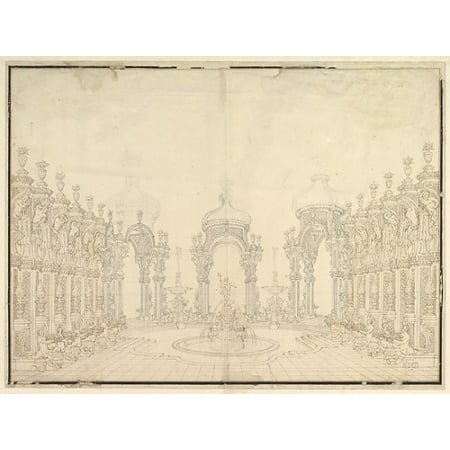Designs for Stage Set Three Pavillions in Background with Oriental (Ogival) Cupolas with Two Small Fountains between Them in Foreground a large Fountain with Dolphins Surmounted by Neptune Poster Prin