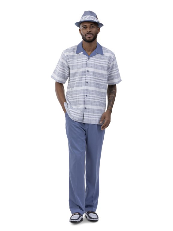 Men's 2 Piece Short Sleeve Walking Suit Striped Pattern in Slate - 2037
