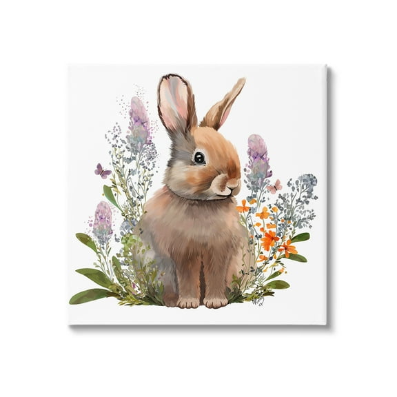 Stupell Industries Brown Bunny with Florals Animals & Insects Painting Gallery Wrapped Canvas Art Print Wall Art, 17 x 17