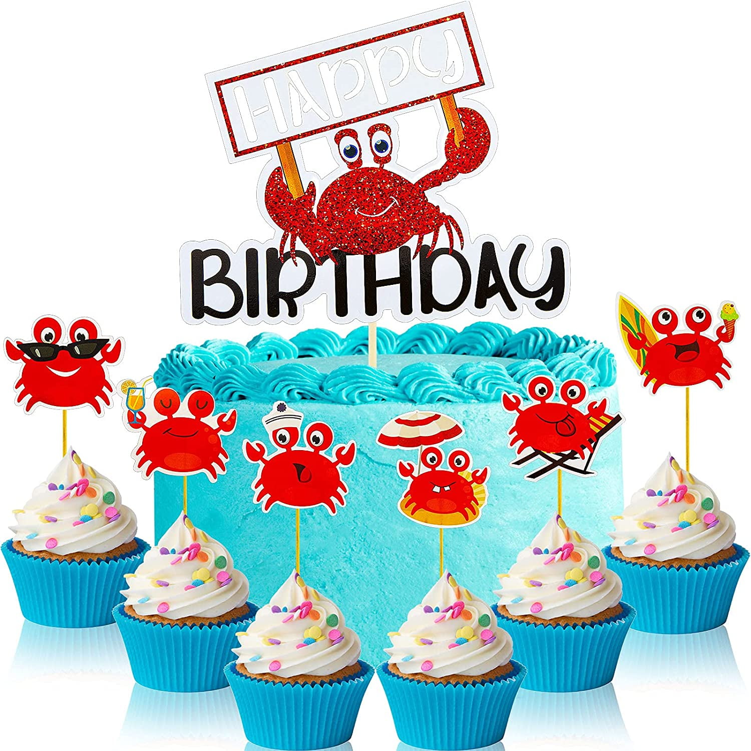 43 Pieces Crab Cake Topper Ocean Under The Sea Beach Animals Crab Glittering Cake Topper Red Cute Fun Festive Cake Topper Birthday Party Kids Boys And Girls Birthday Seafood Decorations For Party