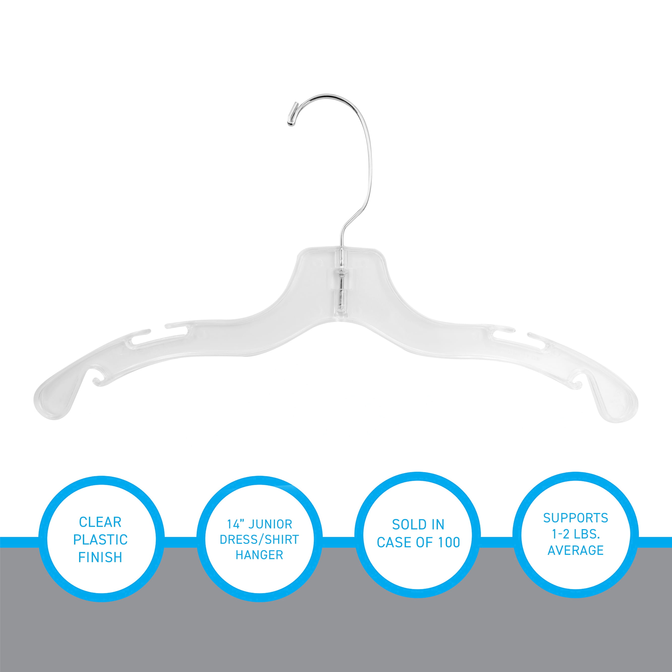 SSWBasics 14 Inch Clear Plastic Junior Dress Hangers - Case of 100 | Durable Hangers Plastic for Clothing Organization | Versatile Clear Hangers for Neat Display | Sturdy Plastic Hanger Solution