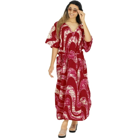 LEELA Women's Maxi Nightdress Cover Up Gown Caftan Loungewear Dashiki House Dresses for Women 3X-4X Cherry, Stripes