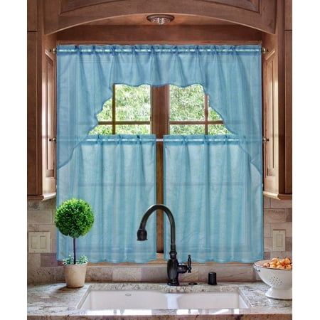 K66 SLATE BLUE 3-PC Luxurious Sheer Organza Kitchen Rod Pocket Window Curtain Treatment Set, Beautiful Solid Tier Panels with Matching Swag