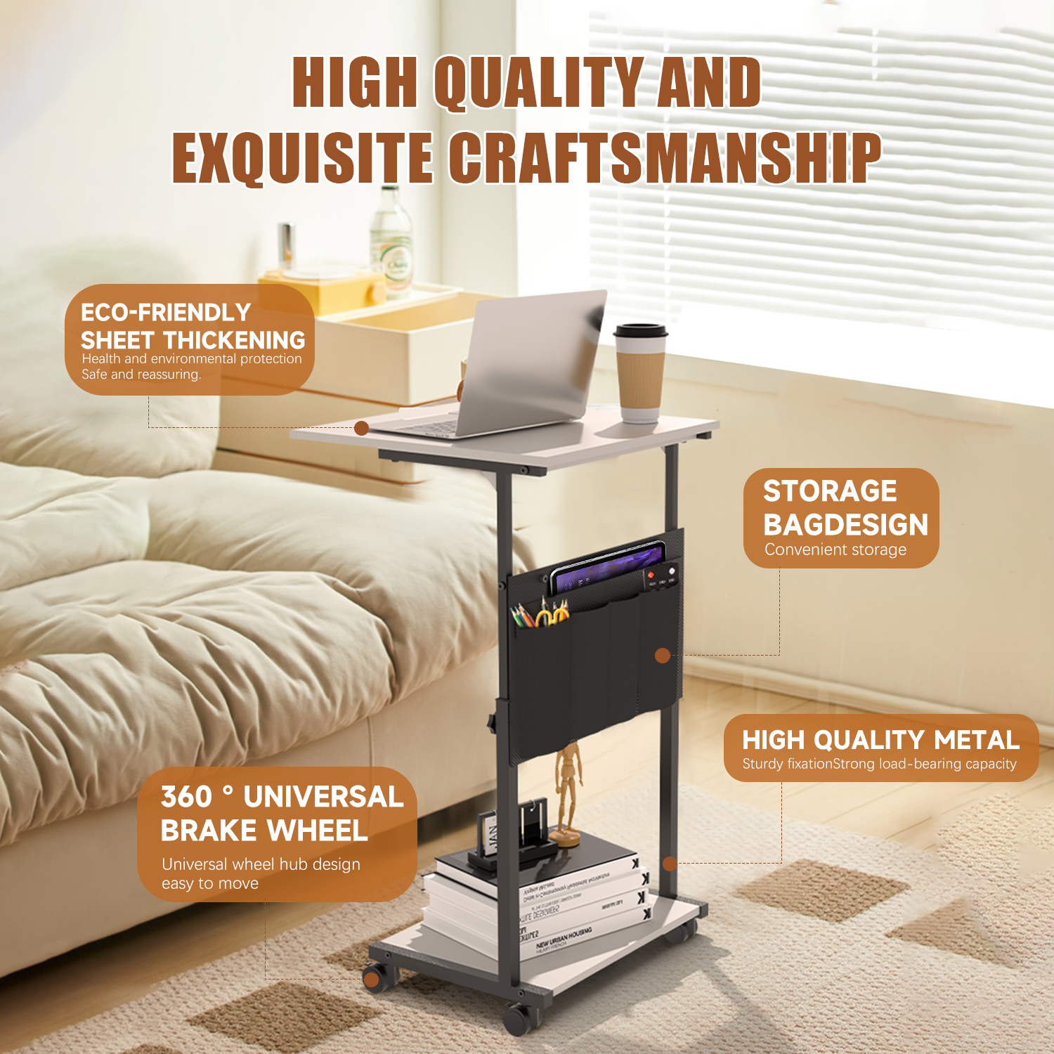 UPGO C-Shaped Adjustable End Table, 25"-30" Height, Small Couch Side Table with Storage for Living Room & Bedroom