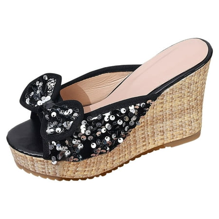 

Womens Sandals 2024 Sandals Fashionable New Pattern Sequin Bow Decoration Wedge Toe Breathable And Comfortable Summer Shoes