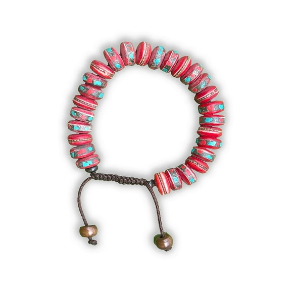 Tibetan Mala Embedded Medicine Wrist Mala for Meditation Handmade Draw String Silk Pouch (Red Healing medicine bracelet)