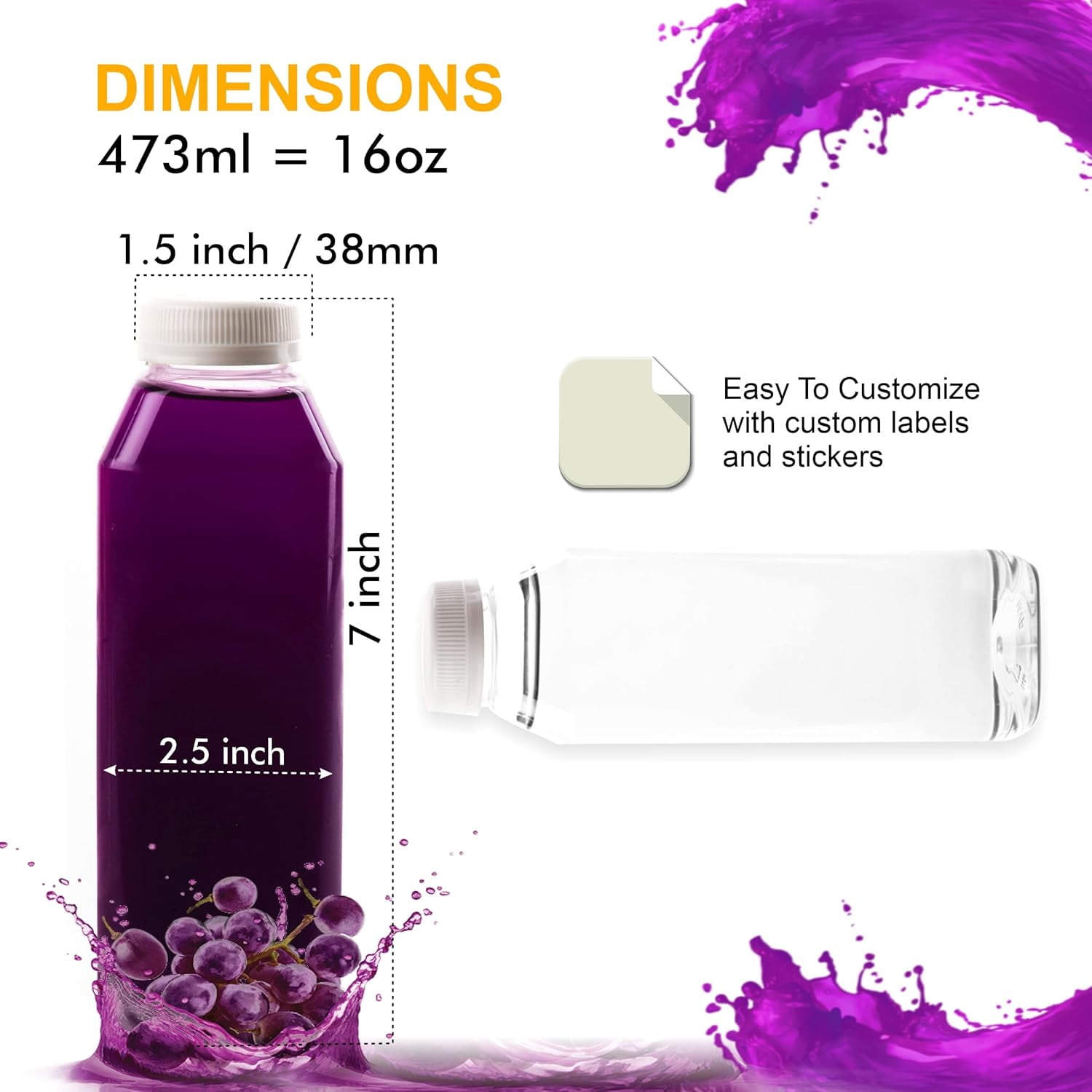 [50 PACK] Empty Clear Plastic Juice Bottles with Tamper Evident Caps 16 OZ - Smoothie Bottles - Ideal for Juices, Milk, Smoothies, Picnic's and even Meal Prep by EcoQuality Juice Containers