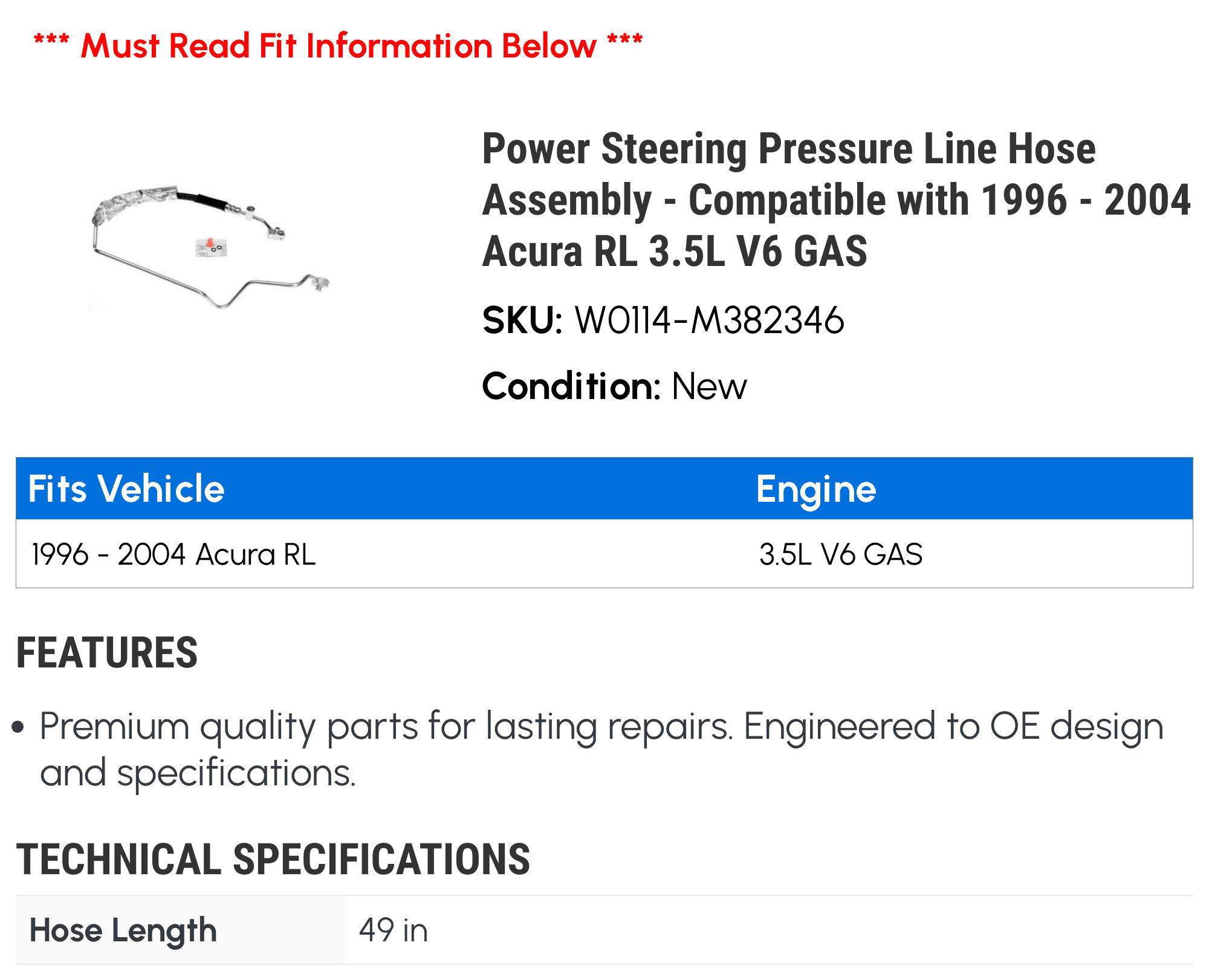 Power Steering Pressure Line Hose Assembly Compatible with 1996-2004 Acura RL 3.5L V6 GAS 