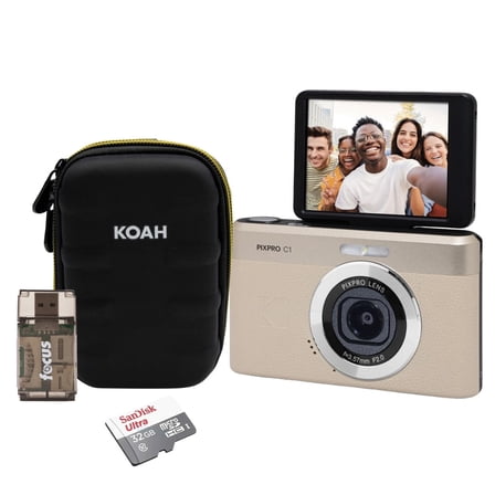 KODAK PIXPRO C1 Friendly Zoom 13MP 1080p Digital Camera (Tan) Bundle with Case, Card Reader and microSDHC Card (4 Items)