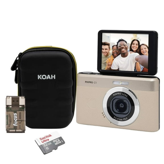 KODAK PIXPRO C1 Friendly Zoom 13MP 1080p Digital Camera (Tan) Bundle with Case, Card Reader and microSDHC Card (4 Items)