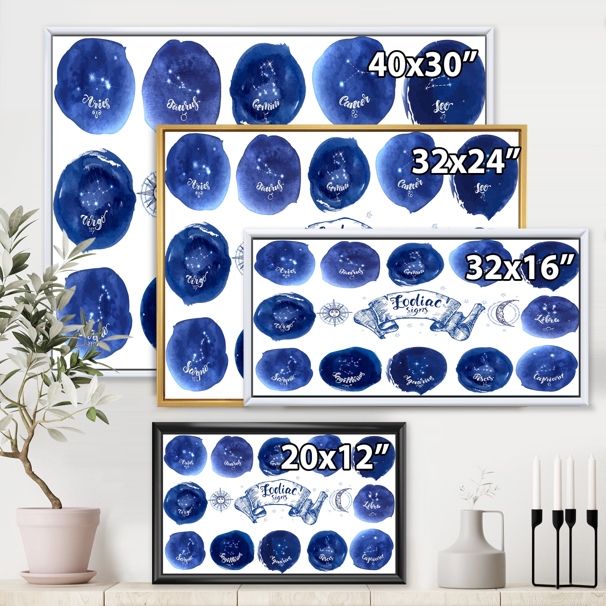 Designart 'Collection of Astrology Signs On Blue Circles' Modern Framed Canvas Wall Art Print