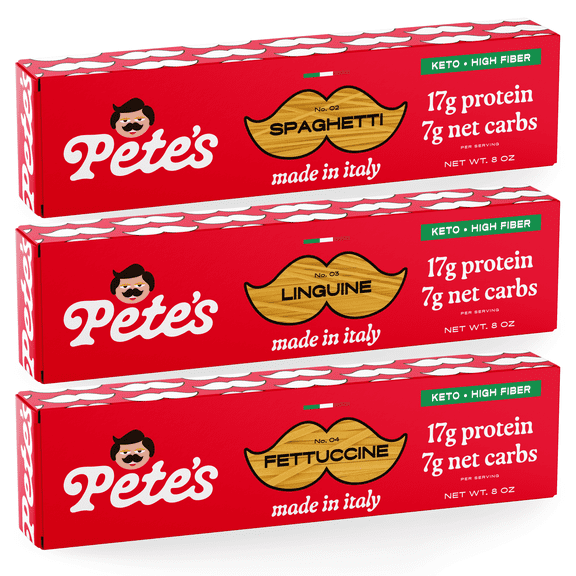 Pete's Pasta Spaghetti Linguine Fettuccine Variety - 7g Low Carb, 17g High Protein - Authentic Italian Keto Wheat Pasta - 3 Pack, 8oz.
