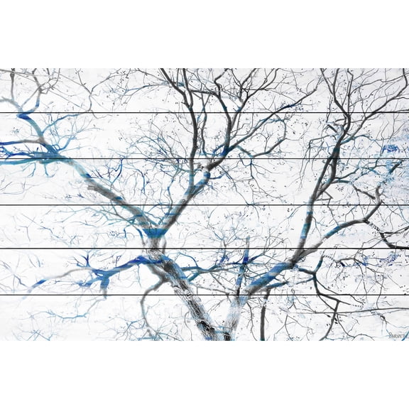 Parvez Taj - Blue Branches Painting Print on White Wood - Multi-Color 36 x 24