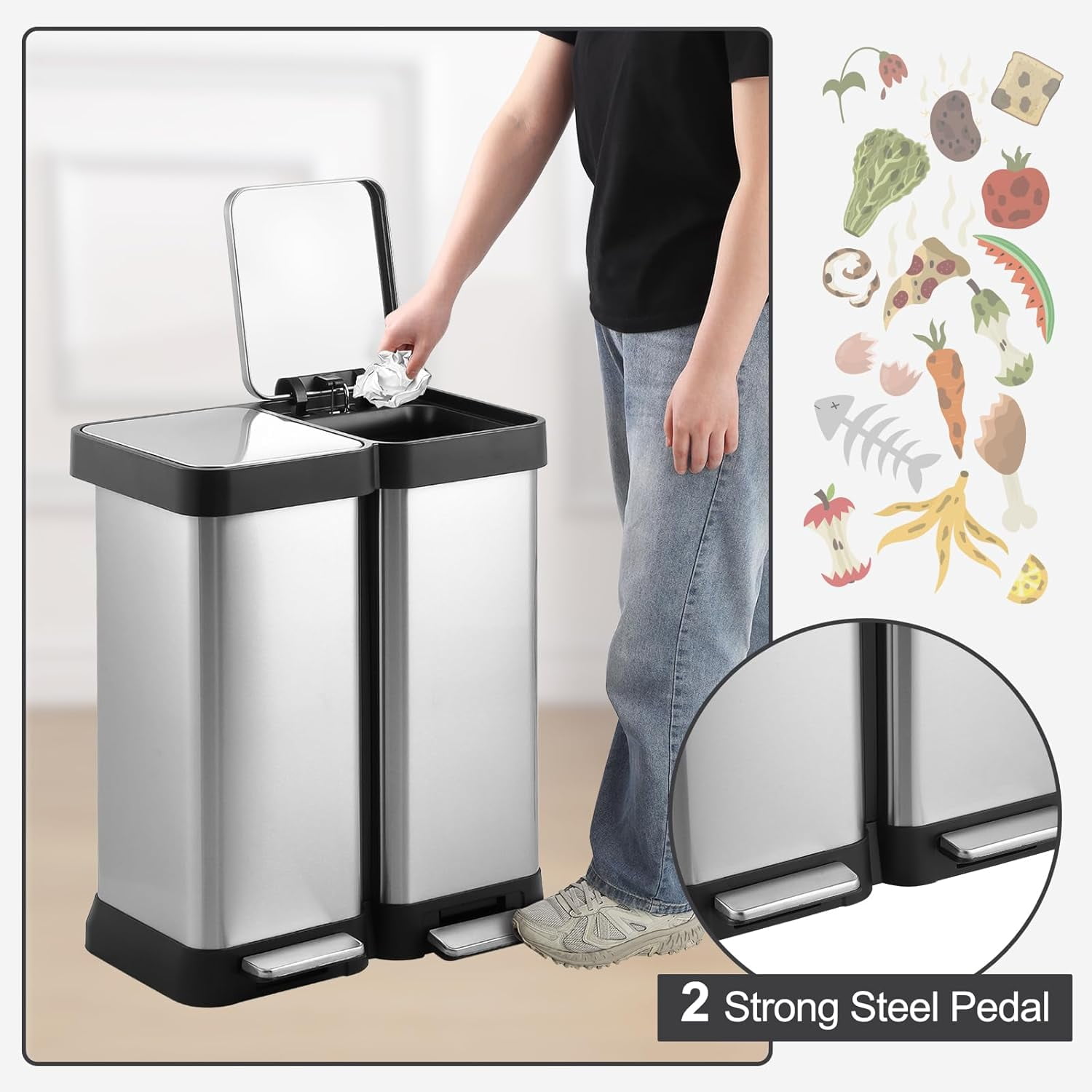 16 Gallon/ 60L Dual Kitchen Trash Can, 2x8 Gallon Stainless Steel Double Garbage Can with Inner Bucket, Two Compartment Step Recycle Bin with Soft-Close Lid for Kitchen, Office