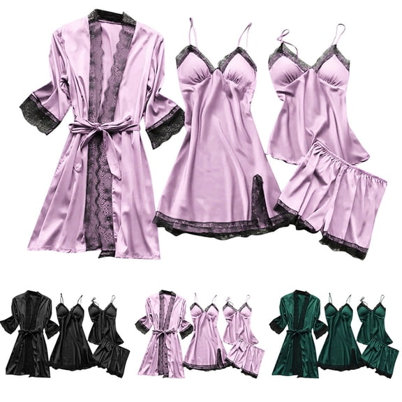 MuXiKeJi Clothes 4Pcs Womens Lace Silk Pajamas Robes Set Pajamas Cami Shorts Satin Sleepwear Lace Loungewear