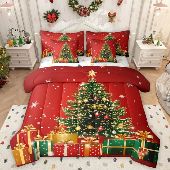 Homewish Chic Christmas Tree 7-Piece Twin Bedding Sets,Girls Xmas Gifts Bedding Comforter Set,Red Green Sheet Sets For Child,Luxury Bedroom Decor Reversible