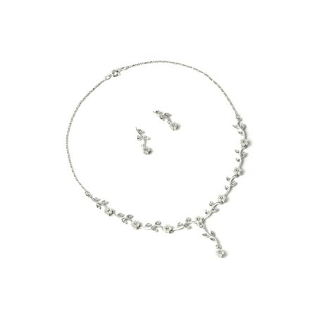 - Silver Crystal Flower Shape White Pearl with Branch Leaf Shape Rhinestone Necklace & Matching White Pearl Dangle Earrings Jewelry Set