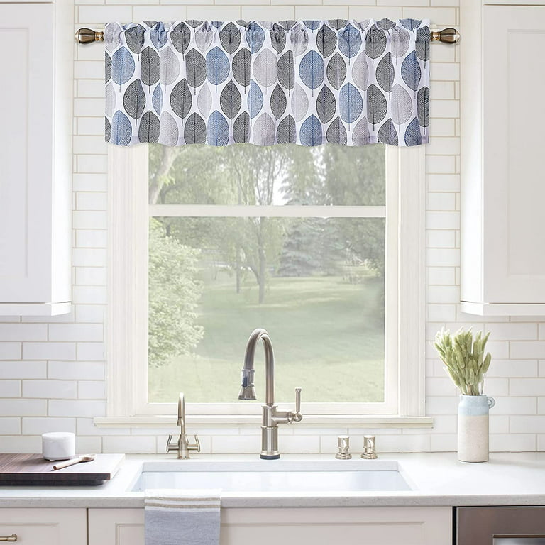Valance Curtain For Bathroom Leaf Pattern Curtains Windows Thick Flower Leaves Farmhouse Kitchen Cafe 56 W X 15 L Navy Blue Grey One Panel Com