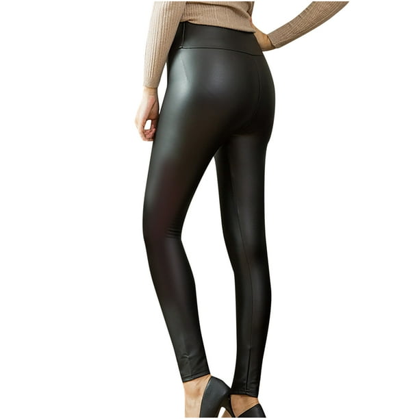 Kiench Women's Faux Leather Leggings High Waist Stretch Pants Regular Plus  Size 2-Pack