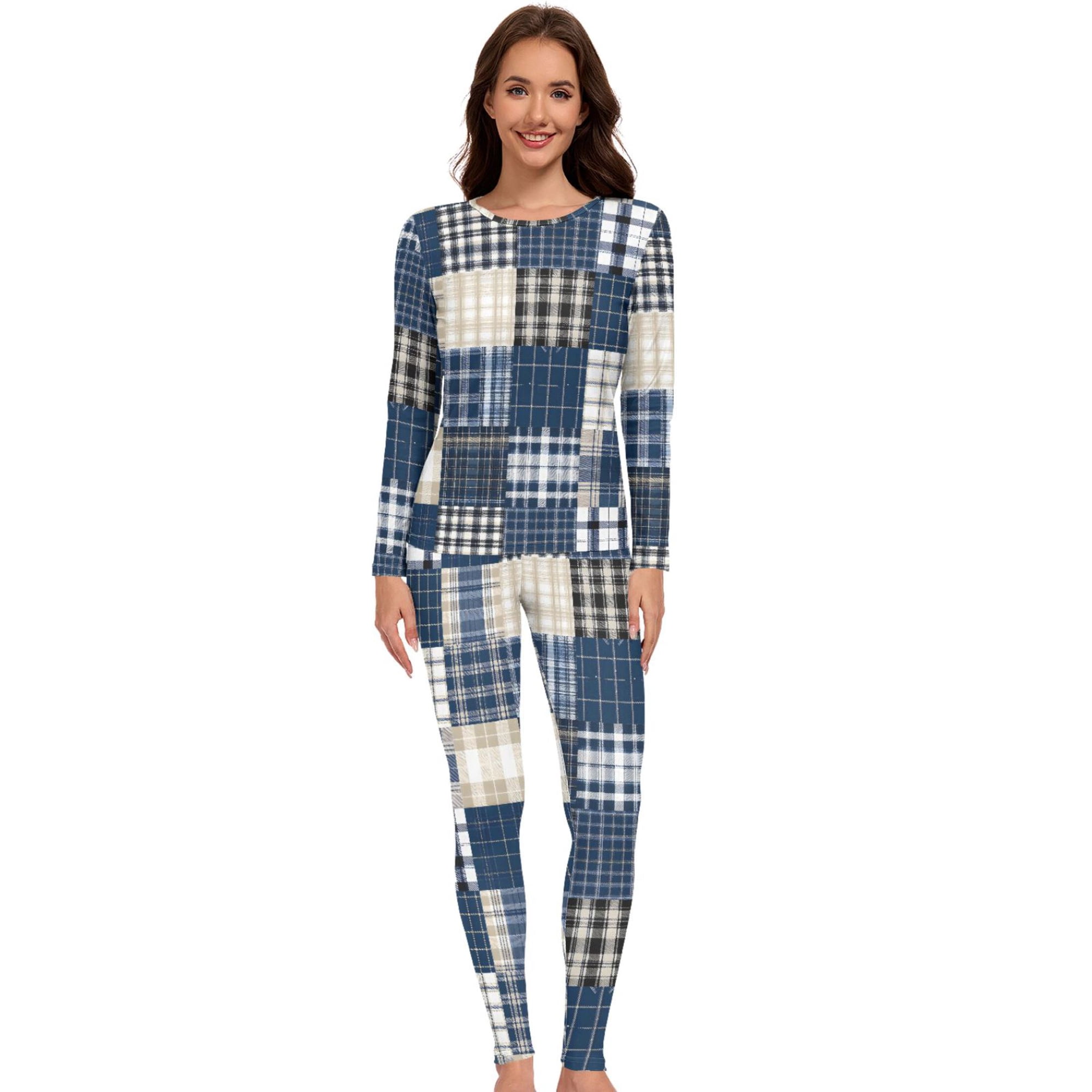 Women Blue Beige Black Checkered Thermal Underwear Set 2 Piece Base Layer X-Large