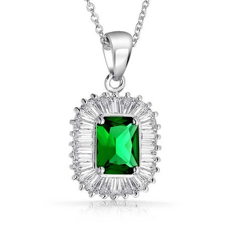 - Art Deco Style Green Rectangle Baguette Halo AAA CZ Simulated Emerald Cut Pendant Necklace For Women Silver Plated