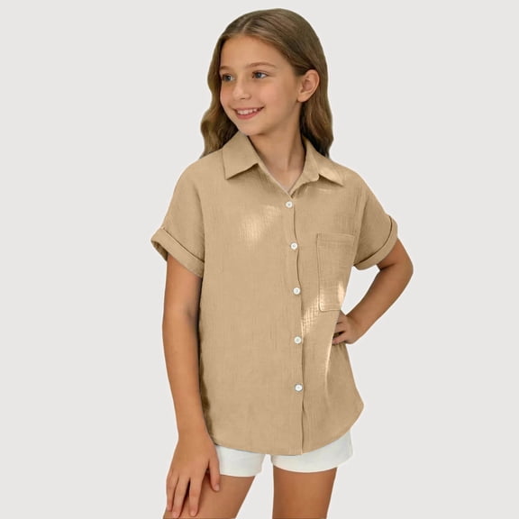 Gyujnb Short Sleeve Button Down Shirt for Girls Casual Woven Blouse with Pocket (Little Girls, Big Girls),5-6 Years