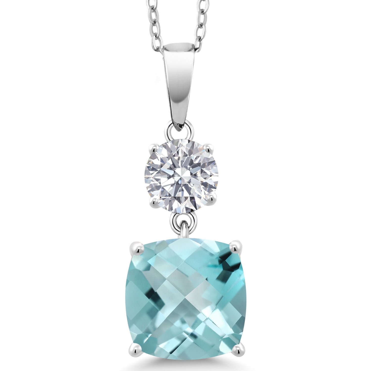 Gem Stone King 925 Sterling Silver Sky Blue Topaz and Lab Grown Diamond Pendant for Women | 5.89 Cttw | Gemstone November Birthstone | Cushion Checkerboard 10MM