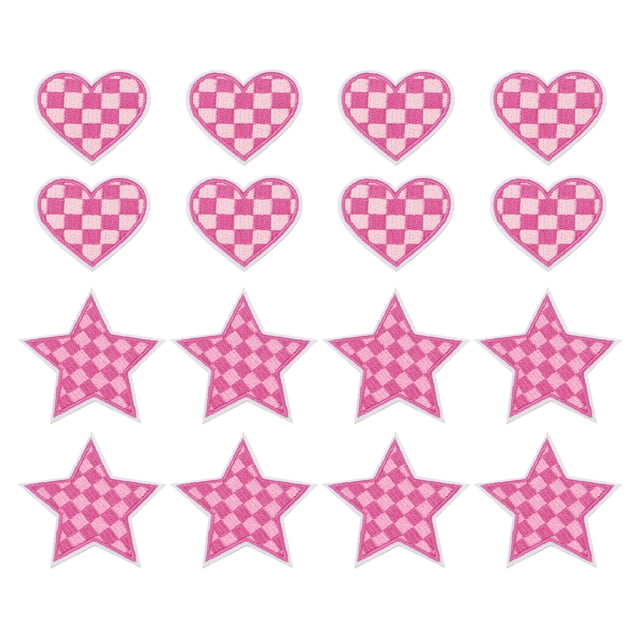 Uxcell 18 Pcs Corazón Estrella Parche de Planchar a Cuadros Bordados Aplicaciones Parches para Coser para Chaqueta Colección de Denim Ropa Vestido Gorras Jeans Accesorio DIY, Rosa oscuro/Rosa claro