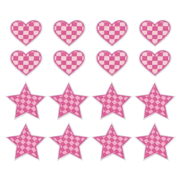 Uxcell 18 Pcs Corazón Estrella Parche de Planchar a Cuadros Bordados Aplicaciones Parches para Coser para Chaqueta Colección de Denim Ropa Vestido Gorras Jeans Accesorio DIY, Rosa oscuro/Rosa claro