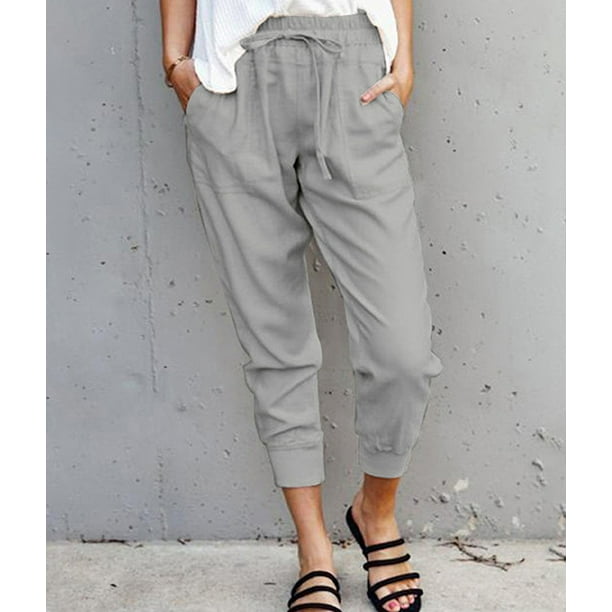 New Women's Summer Casual Elastic Cuff Solid Color Sweatpants Drawstring  Waist Pocket Jogger Pants 