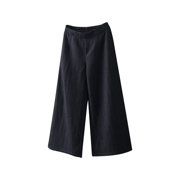 REALiKUN Womens Casual Loose Elastic Waist Cotton Trouser Cropped Wide Leg Pants Cotton Linen Pants