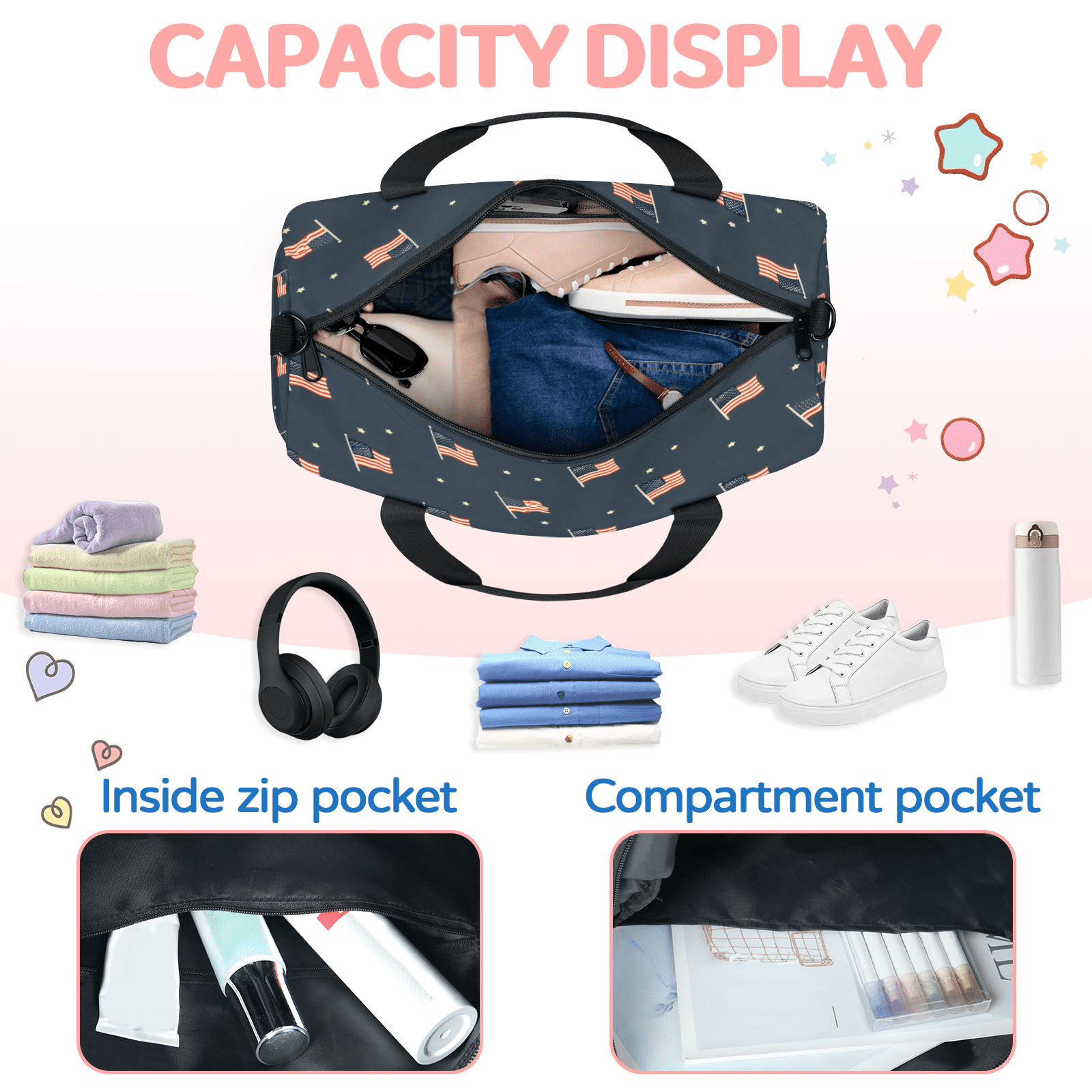 Herdesigns United States American Flag Gym Bag for Women, Duffle Bag for Travel Sport, 4th of July Lightweight Waterproof Carry on Weekender Dance Yoga Workout Bags