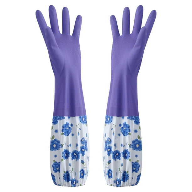 Pisexur Batería de cocina Guantes de limpieza de flores, de goma y terciopelo, largos, para uso doméstico, antideslizantes, para el lavado del hogar. para la cocina del hogar