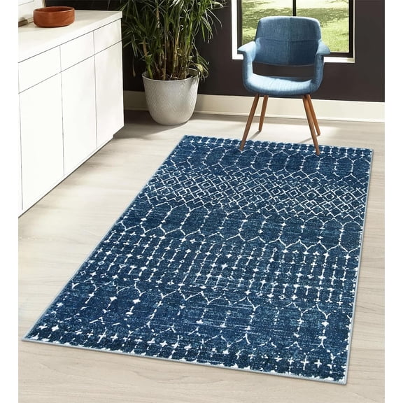 Blue 3 Foot by 5 Foot Non-Slip Washable Soft Geometric Indoor Rug