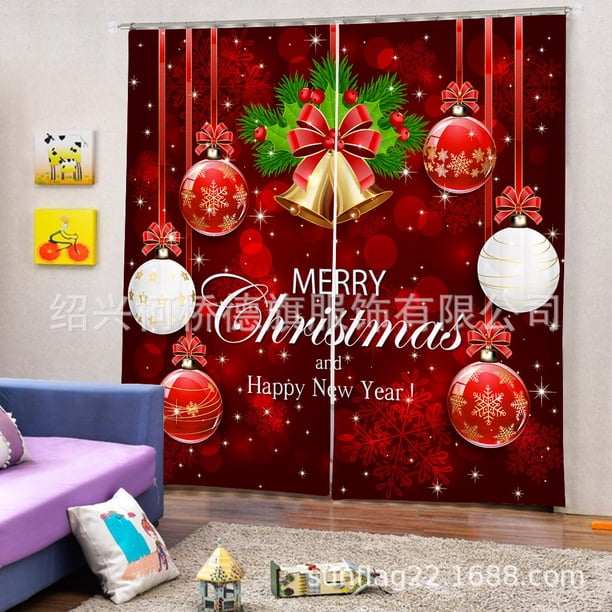 Cortina navideña con impresión digital, bola navideña, estrella, campana, cortina decorativa de poliéster