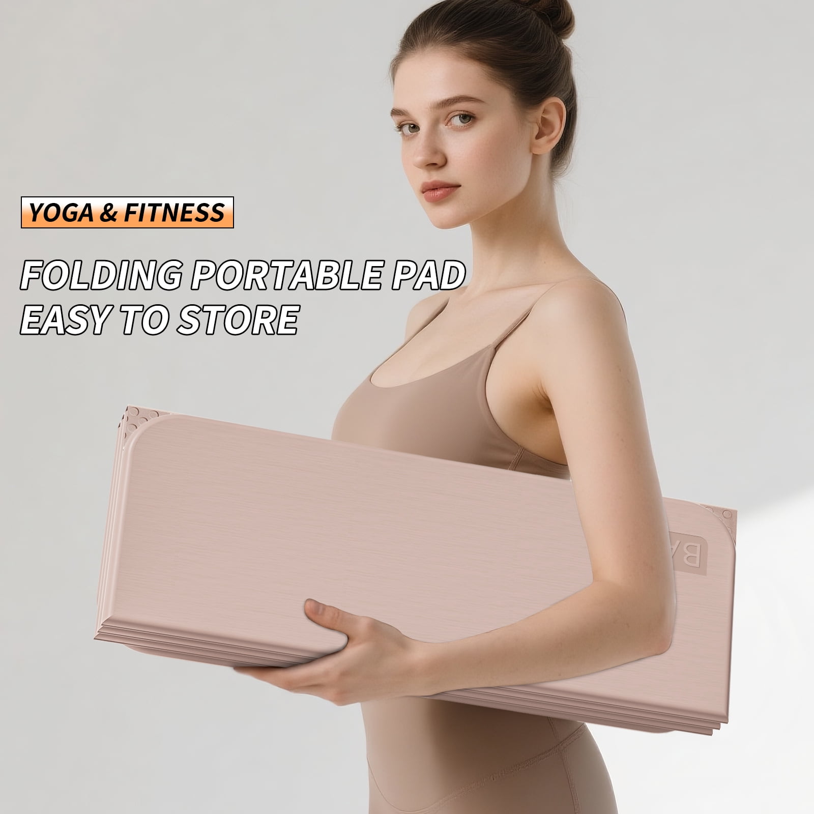 BAIMA Stretching Foldable Yoga Mat 10mm Thick,Workout Mats for Home Gym,Pilates,Quick Unfold/Stor,Non-Slip Surface,3.5lbs(Apricot)