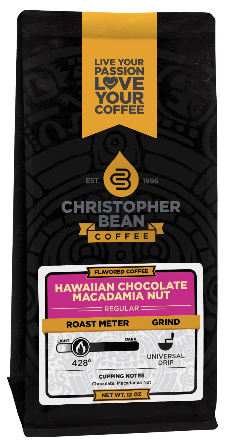 Hawaiian Chocolate Macadamia Nut Flavored Regular Ground Christopher Bean Coffee, 100% Arabica, No Sugar, No Fats, Made with Non-GMO Flavorings, 12 Oz Bag