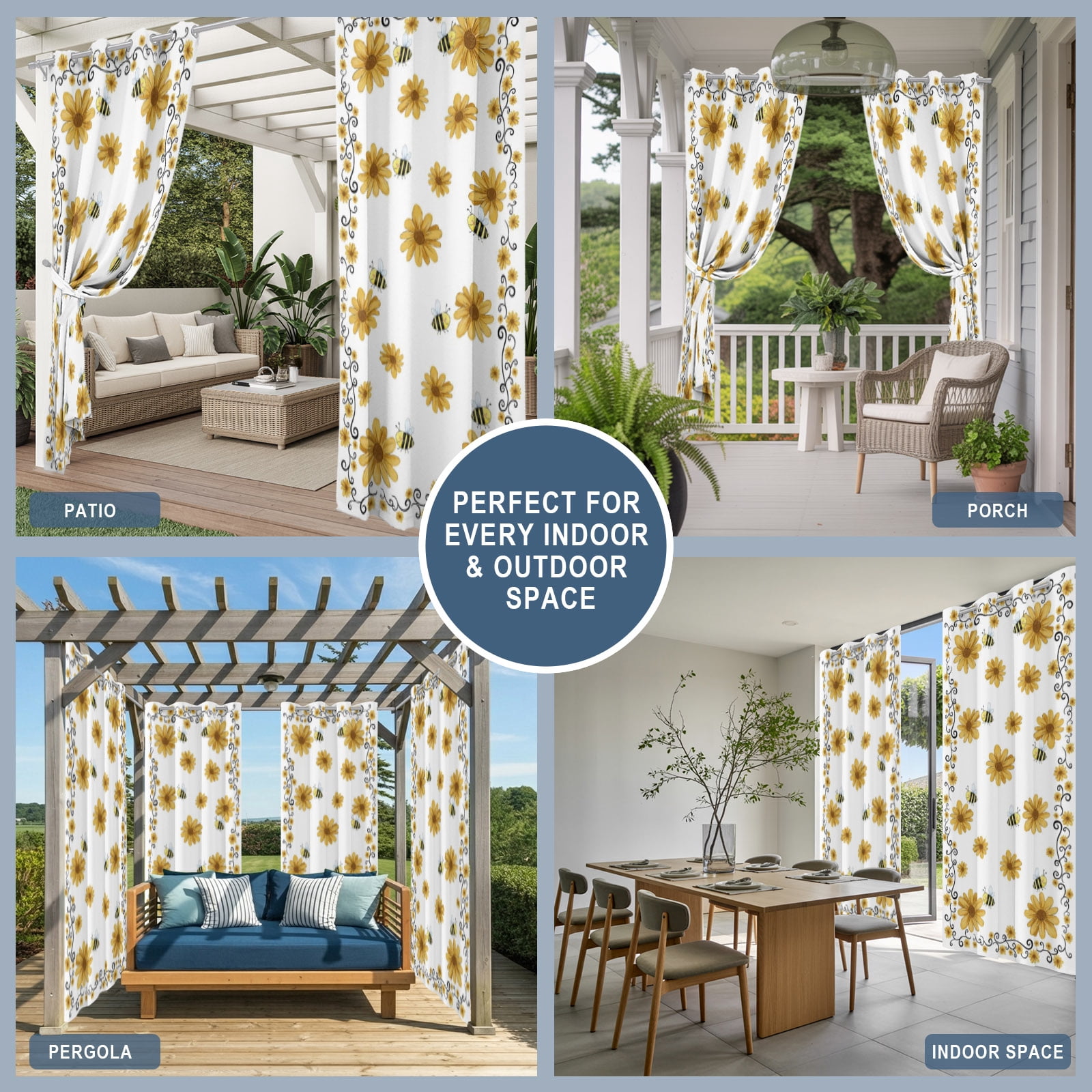 Yellow Daisy Outdoor Curtains for Patio, Bee Rustic Farmhouse Wildflowers Floral Sunshade Privacy Drapes Grommet Waterproof Outside Curtains for Porch/Cabana/Balcony 54"x 108", 1 Panel