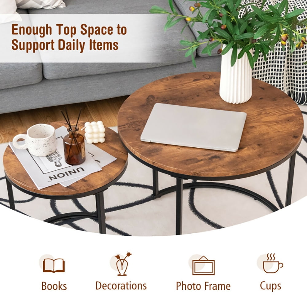 Finihen Round Nesting Coffee Table, Modern Nesting Side Set, Set of 2 Modern Round Stacking Nesting Coffee Tables, for Living Room, Reception Room, Brown Finihen Round Nesting Coffee Table, Modern Nesting Side Set, Set of 2 Modern Round Stacking Nesting Coffee Tables, for Living Room, Reception Room, Brown