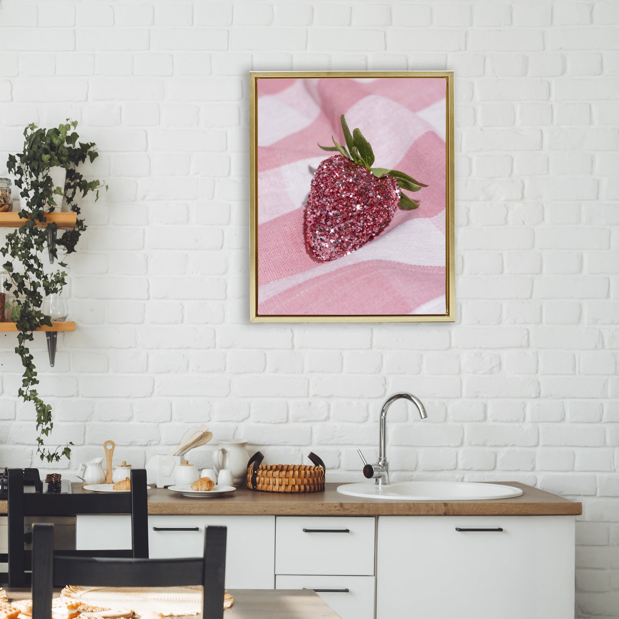 Stupell Industries Glimmer Strawberry on Pink Gold Framed Floater Canvas Wall Art, design by LISH Creative