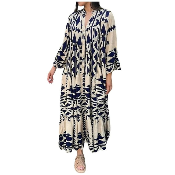 qolati Women's Boho Shirts Dress Vintage Ethnic Print Flowy Long Sleeve Sundress Casual Loose Ruffle Layered Swing Beach Dresses