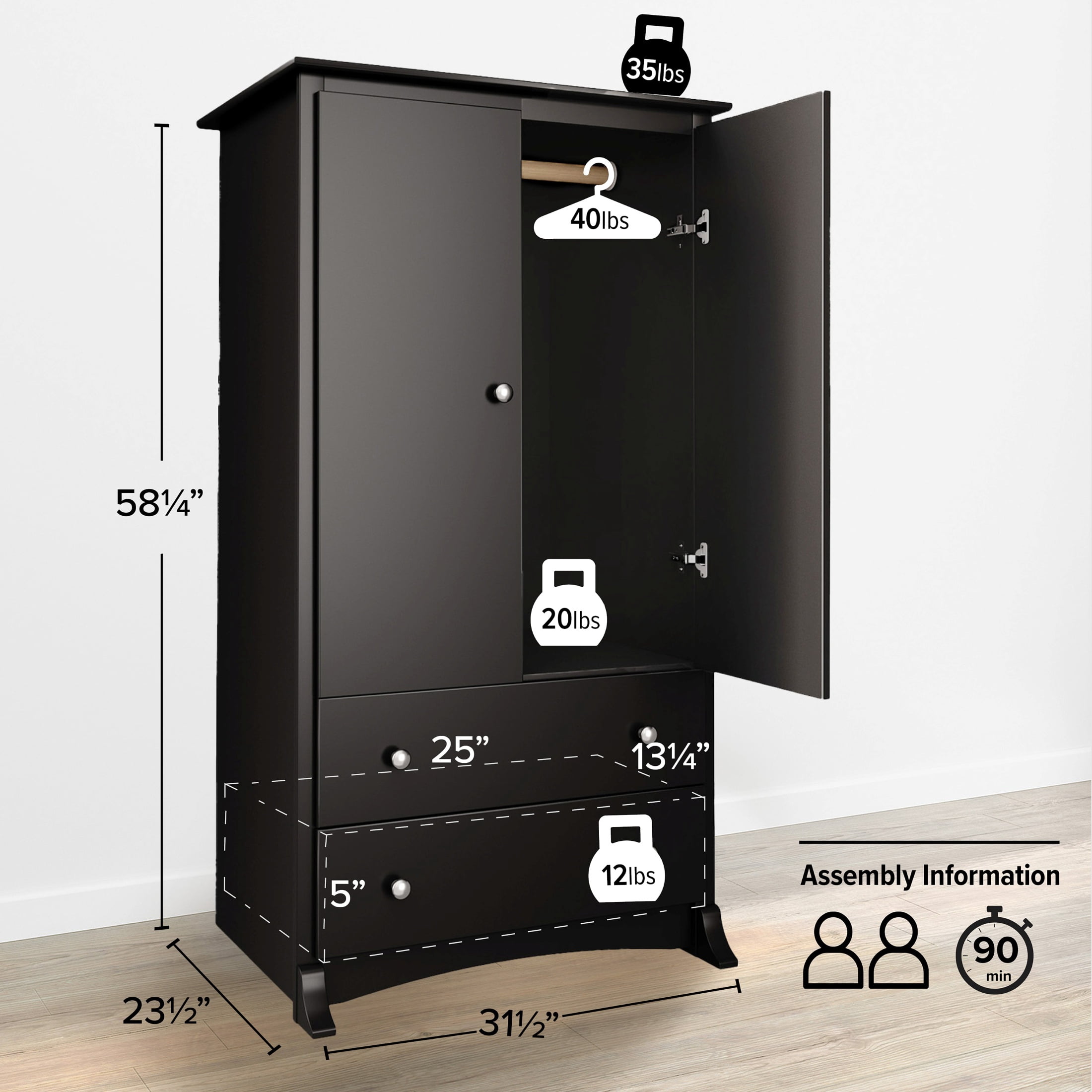 Prepac Sonoma Wardrobe Cabinet: Armoire Dresser for Bedroom with Adjustable Shelf. Features 2-Door Wardrobe Closet & 2 Drawers, Ideal Closet for Bedroom, 22"Dx31.5"Wx58.75"H, Black - BDC-3359-K